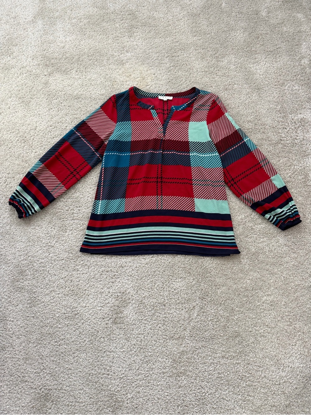 Chaus New York Plaid Split Neck Blouse Medium Red Blue Geometric Long Sleeve